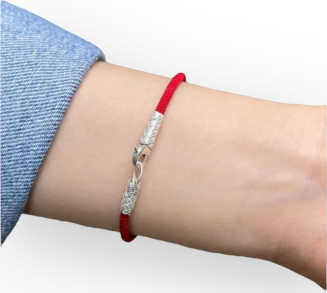 Rood Armband - Handgeven van Puur Zilver Draaden ( 1000 karaat zilver )